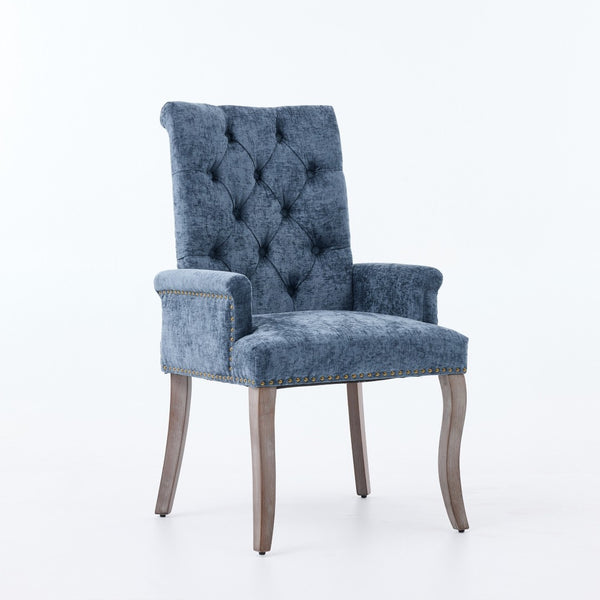 English Elm Upholstered Chenille Club Dining Chair Tufted High Back with Curved Solid Wood Legs Blue W1143P449346