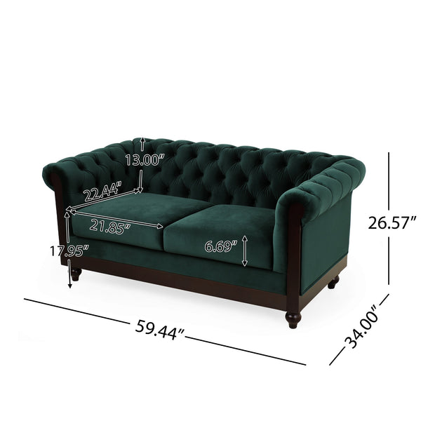 English Elm Christopher Knight Home® - VIVALUX Chesterfield Velvet Loveseat Sofa with Rolled Arms Tufted Buttons Plush 2-Seater Comfort 59.4" Dark Green N762P178705F