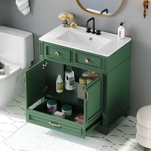 English Elm 30'' Bathroom Vanity with Sink - Retro Solid Wood Frame, Ceramic Basin, Soft-Close Doors & Ample Storage Green N710P190656F