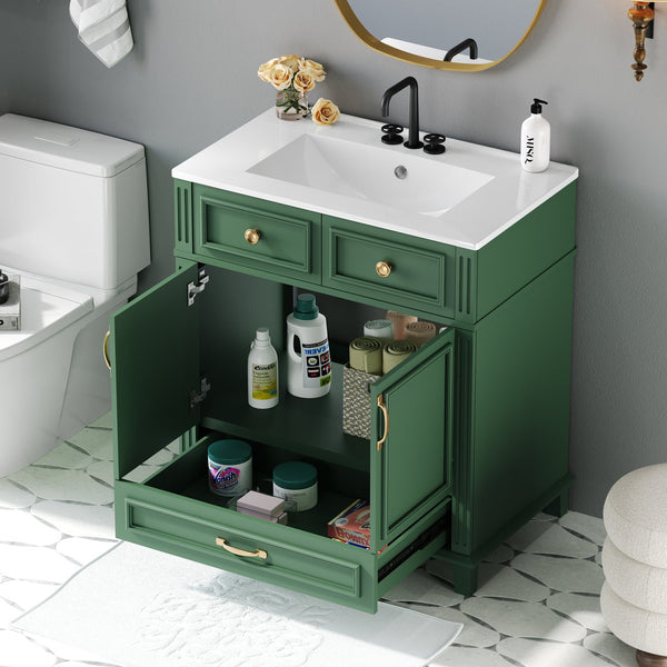 English Elm 30'' Bathroom Vanity with Sink - Retro Solid Wood Frame, Ceramic Basin, Soft-Close Doors & Ample Storage Green N710P190656F