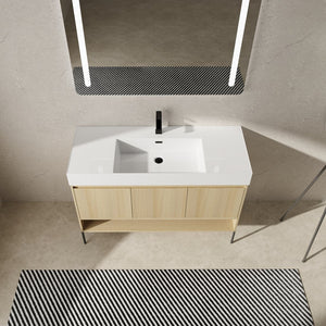 English Elm 48" Oak Bathroom Vanity Combo with One-Piece Resin Sink, Tripod Legs, Multi-Layer Solid Wood Cabinet W1972S00010
