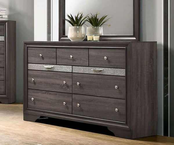 English Elm Gray Glam Dresser w Mirror Set — 63" Shiny Silver-Trim Jewelry Drawer, Dovetail Craft, Round Knobs B2741S00552