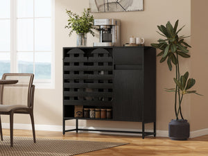 English Elm Buffet Black Woven Arched Door Sideboard with Adjustable Shelves, Metal Legs, Drawer, Entryway-Friendly W2977P338264