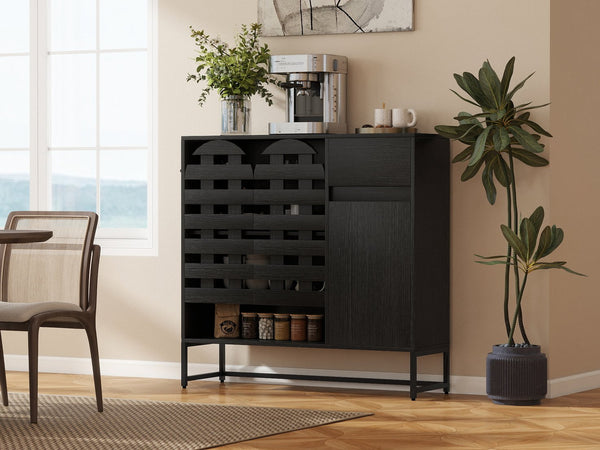 English Elm Buffet Black Woven Arched Door Sideboard with Adjustable Shelves, Metal Legs, Drawer, Entryway-Friendly W2977P338264