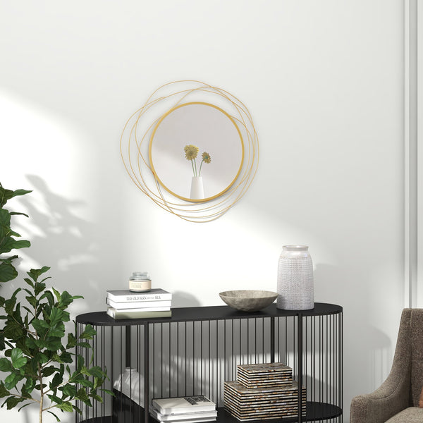 English Elm HOMCOM Round Metal Wall Mirror with Asymmetrical Frame, Thick Glass Reflective Art for Living Room Bedroom Dining Room Gold W2225P217274