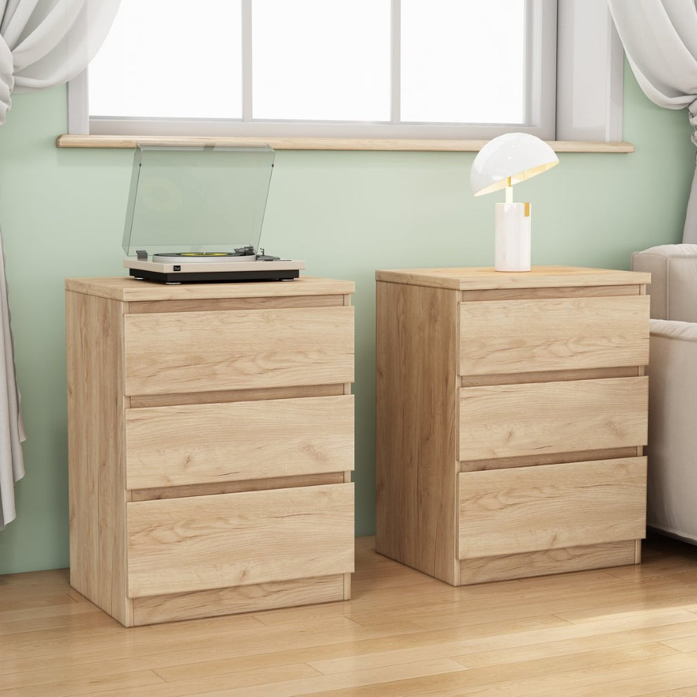 English Elm 19.7-inch Matte Finish 3 Drawer Nightstand Set of 2 Handle Free Modern Bedroom Storage Natural W3151S00077