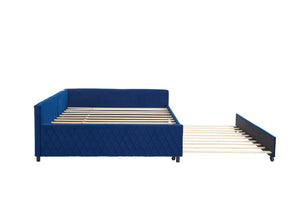 English Elm Upholstered Velvet Daybed with Pull Out Trundle Diamond Tufted Guest Bedroom Sofa Navy W1361S00068
