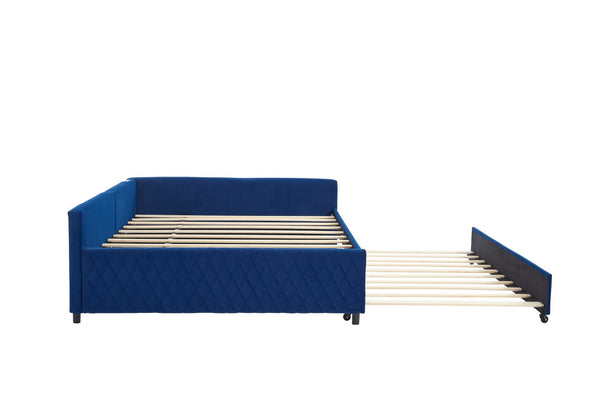 English Elm Upholstered Velvet Daybed with Pull Out Trundle Diamond Tufted Guest Bedroom Sofa Navy W1361S00068