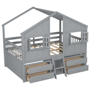 English Elm Full Size House Loft Bed With Roof & Windows, 4 Storage Drawers, Safe Pine Frame In Grey Finish W504S00241