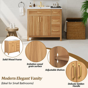 English Elm 36" Wood Bathroom Vanity with Solid Frame, Gold Handles, 3 Soft-Close Drawers & 2 Doors, Spacious Countertop N729P204176N