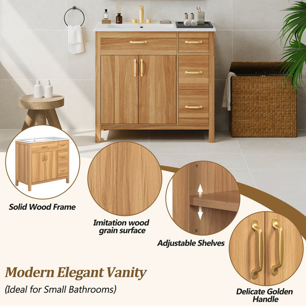 English Elm 36" Wood Bathroom Vanity with Solid Frame, Gold Handles, 3 Soft-Close Drawers & 2 Doors, Spacious Countertop N729P204176N