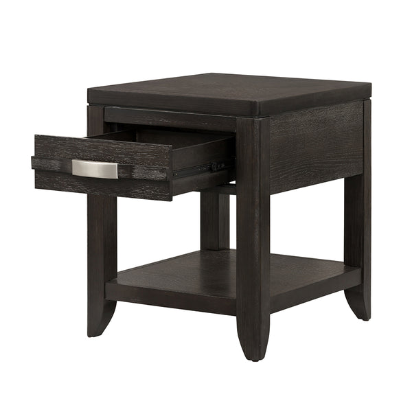 English Elm 24x20x25" End Table with Oak Veneer, Metal Accents, Single Drawer & Lower Shelf for Stylish Storage W2078P179281