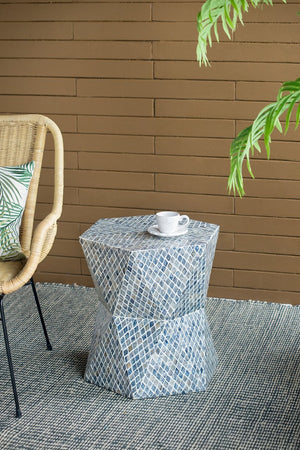 English Elm 19x19x20" Tapered Blue Capiz Stool Accent Table — Hexagon Inlay Pedestal, Geometric Charm for Entryways W2078P409466