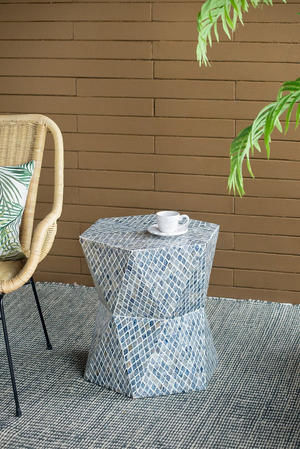 English Elm 19x19x20" Tapered Blue Capiz Stool Accent Table — Hexagon Inlay Pedestal, Geometric Charm for Entryways W2078P409466