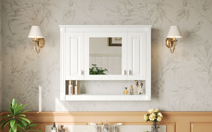 English Elm 35inch White Wall Mounted Medicine Cabinet Mirrored Doors Open Shelving Bathroom Storage N710P415335K