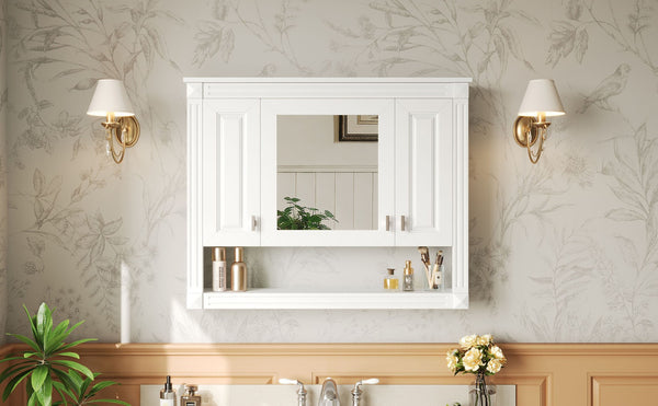 English Elm 35inch White Wall Mounted Medicine Cabinet Mirrored Doors Open Shelving Bathroom Storage N710P415335K