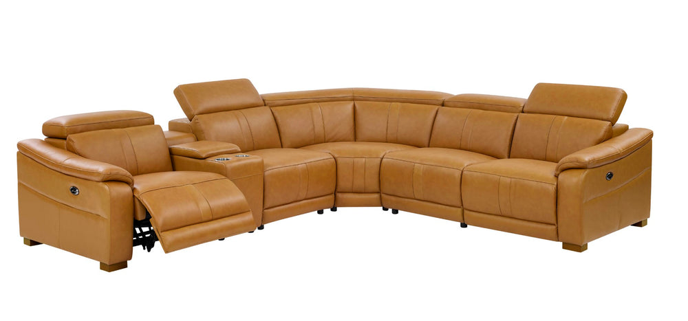 English Elm Leather Match Power Reclining Sectional with Storage Console and Adjustable Headrests Ginger B2748S00027