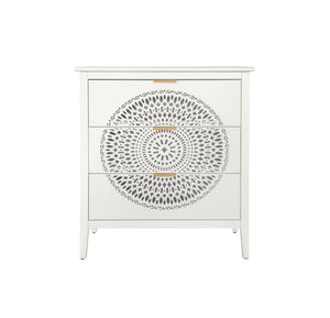 English Elm 3 Drawer Cabinet with Hollow Carved Accents, Solid Pine Feet, Gold Handles & Smooth Metal Slides — Elegant Storage for Entryway Bedroom Living Room Beige W688138992