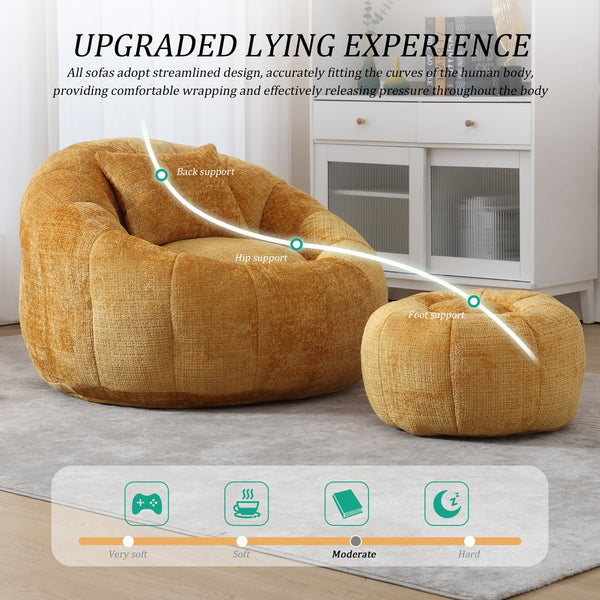 English Elm UNITED Cloud-Luxe Chenille Memory Foam Bean Bag Chair with Ottoman and Pillow for Ultimate Comfort Yellow W1568P361698