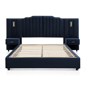 English Elm Queen Velvet Platform Bed with Tufted Headboard Integrated Nightstands and Striped Design Dark Blue W487S00442