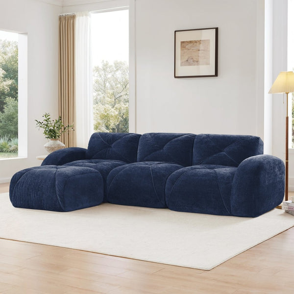 English Elm L-shaped Velvet Sectional Sofa Tufted Modular Seating with Ottoman for Living Room Blue W714S01620
