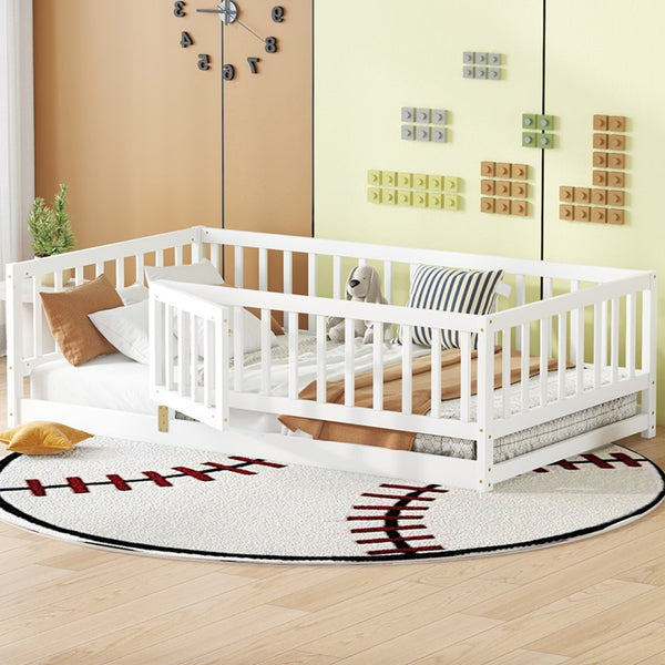 English Elm Twin Size Montessori Floor Bed With Fence & Door – Stylish, Safe, Low-Profile Design For Kids! W1820P231589-GIGA
