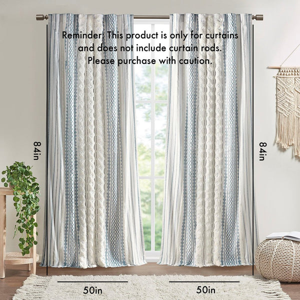 English Elm Cotton Imani Printed Window Panel with Tufted Chenille Stripe, Lined Ivory Navy 50x84 Drapery Multicolor 10.24 L x 12.2 W x 3.35 H B035129656