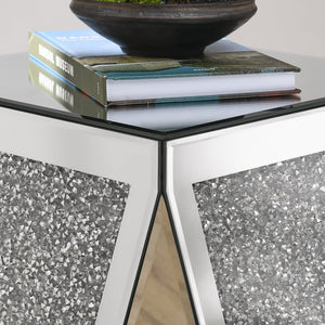 English Elm Inverted mirrored triangular accent table with crystal diamond inlay, compact elegant silver side table W1005P189513