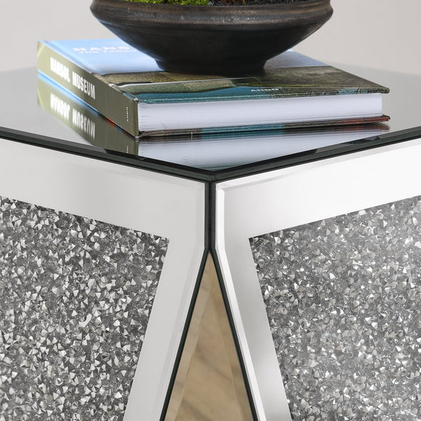 English Elm Inverted mirrored triangular accent table with crystal diamond inlay, compact elegant silver side table W1005P189513