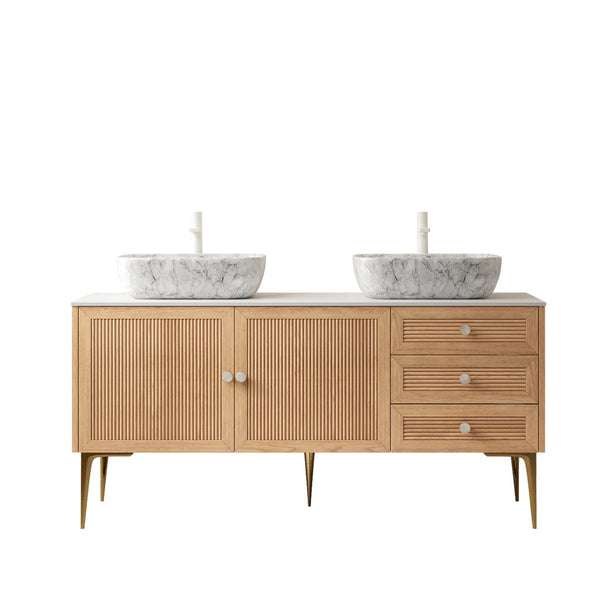 English Elm Munin Freestanding 60 Inch Bathroom Vanity Oak Plywood Cabinet Ceramic Stone Basin W2615S00470