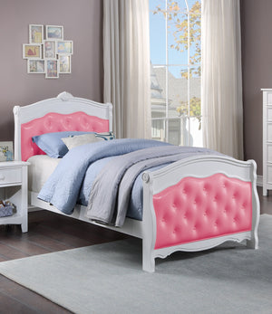 English Elm White Full Size Bed with Faux Leather Tufted Headboard, Modern Glam Platform Frame, Durable Plywood Pink+White 63 L x 54 W x 5 H B011S00918