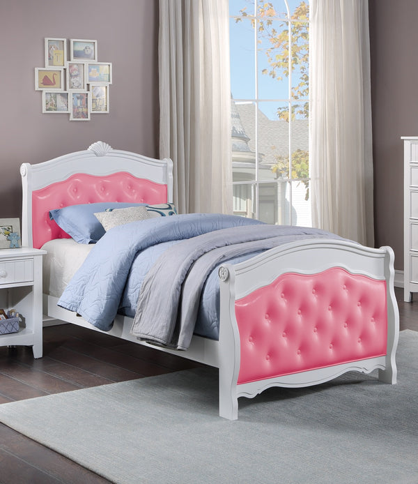 English Elm White Full Size Bed with Faux Leather Tufted Headboard, Modern Glam Platform Frame, Durable Plywood Pink+White 63 L x 54 W x 5 H B011S00918