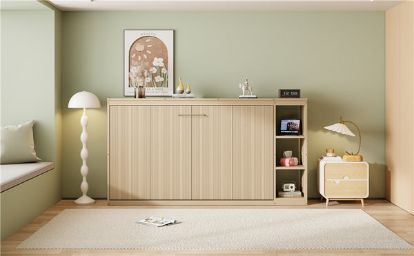 English Elm Twin Space-Saving Murphy Bed with Bookshelf and Fold-Down Desk, LVL/MDF, Compact Modern Design Natural GX002221AAN