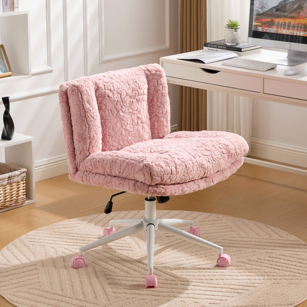 English Elm W26.4 Extra-Wide Faux Fur Office Chair with Metal Base, Ergonomic 360° Swivel, Adjustable Comfort Pink W1143P369104