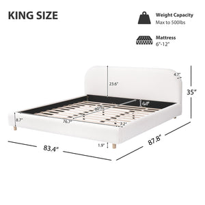 English Elm King Boucle Upholstered Platform Bed Curved Headboard Solid Wood Legs Bedroom N757P210314W-1