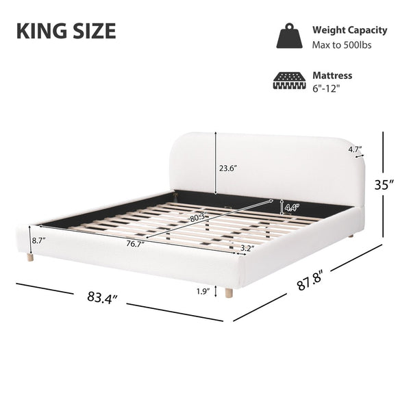 English Elm King Boucle Upholstered Platform Bed Curved Headboard Solid Wood Legs Bedroom N757P210314W-1