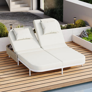 English Elm TREXM Outdoor Daybed with Dual 5-Position Adjustable Backrests, UV-Resistant Rattan & Removable Cushions Beige+White TM000021AAA