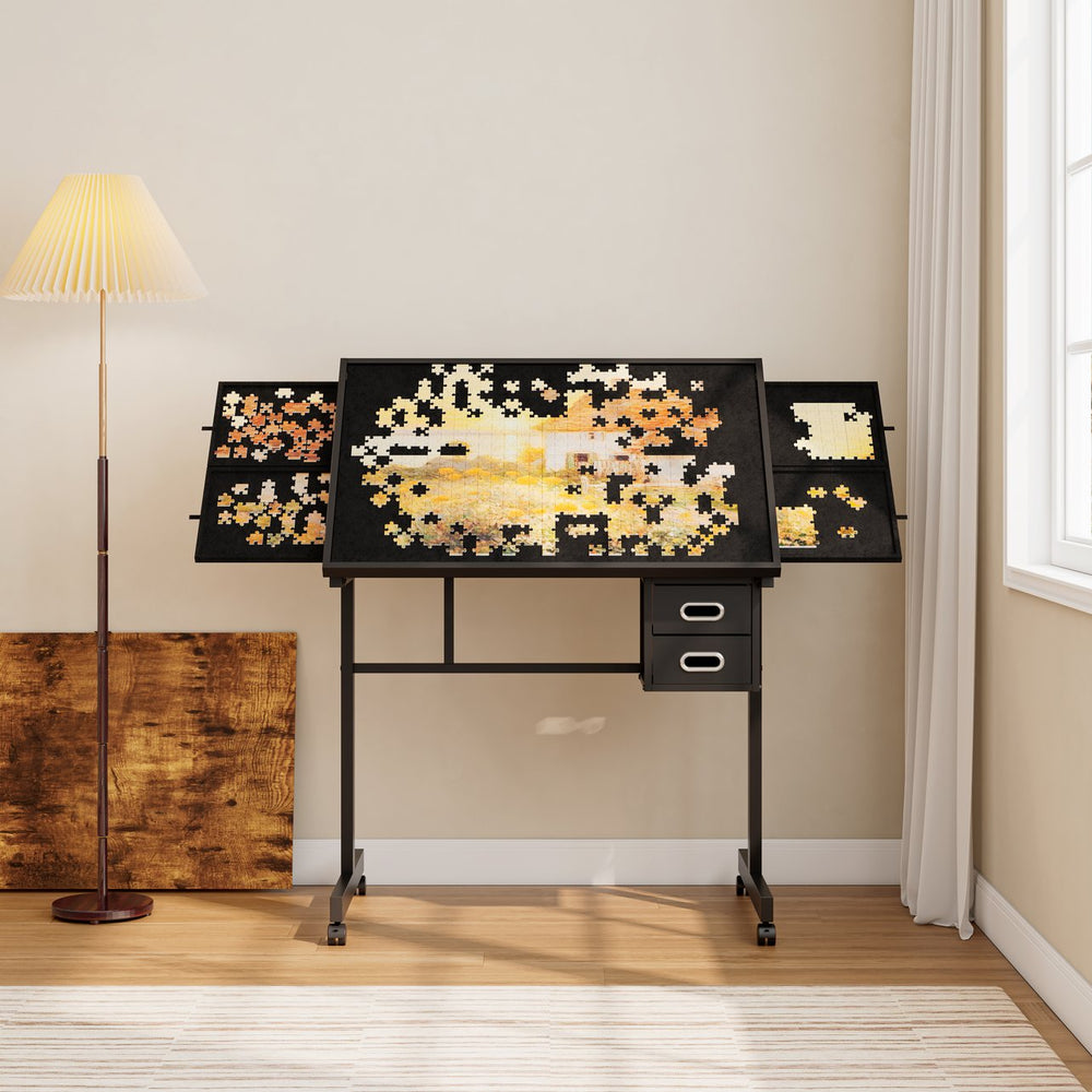 English Elm 1000 Puzzle Table with Wheels and 4 Felt Drawers, MDF+Iron Black Desktop, Dustproof Cover & Locks W347P295083