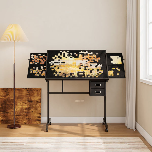 English Elm 1000 Puzzle Table with Wheels and 4 Felt Drawers, MDF+Iron Black Desktop, Dustproof Cover & Locks W347P295083