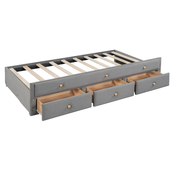 English Elm Twin Upholstered Daybed with Pull-Out Trundle and 3 Drawers, Velvet Finish, Solid Frame, Slat Kit Included Gray SF000147AAE