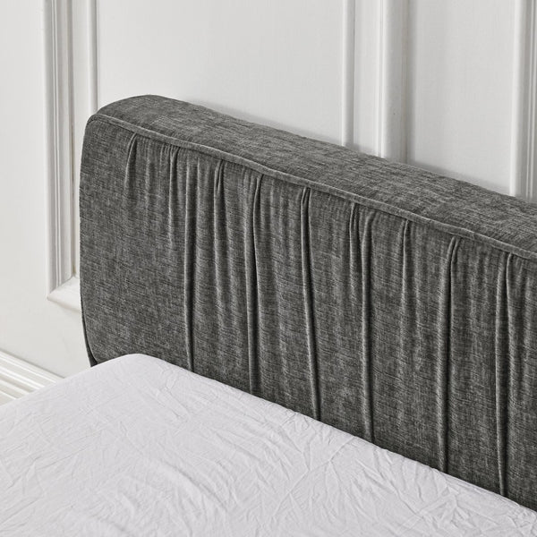 English Elm Queen Upholstered Bed Frame In Soft Grey Chenille With Pleated Design – No Box Spring Needed! W487S00337-GIGA