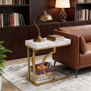 English Elm Stable C-shaped Side Table Faux Marble Top Gold Metal Frame Sofa Arm Accent T3971P446749