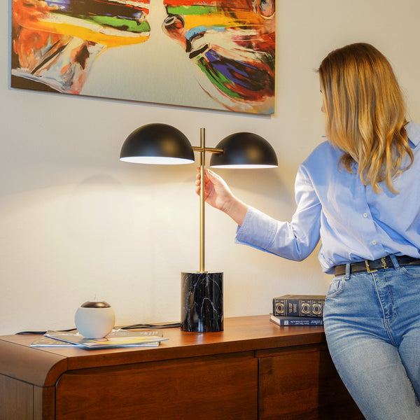 English Elm Ashcroft Furniture - Nova Hydro Black Double Table Lamp with Faux Marble Base, On/Off Switch, Modern Desk & Living Light B183P231798