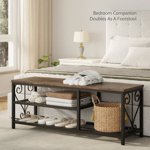 English Elm Vividwood Industrial Entryway Bench Rustic Wood Top Metal Frame Scrollwork Shoe Organizer Brown T5618P505964