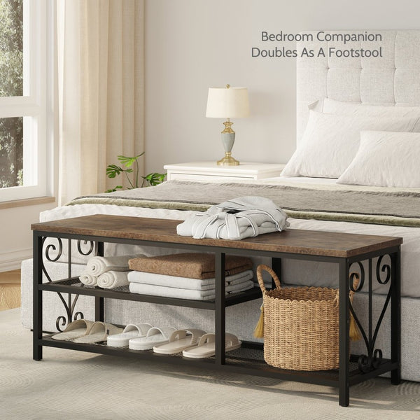 English Elm Vividwood Industrial Entryway Bench Rustic Wood Top Metal Frame Scrollwork Shoe Organizer Brown T5618P505964