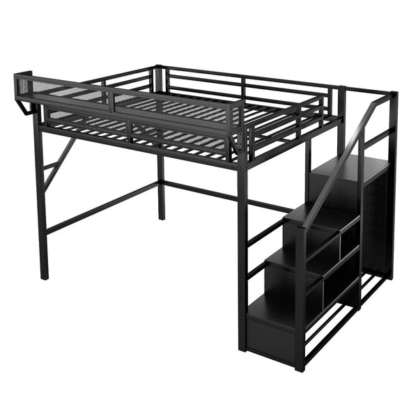 English Elm Queen Metal Loft Bed with Staircase Wardrobe and Shelves for Teens Adults W2580S00090