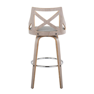 English Elm Charlotte 30" Farmhouse Barstool with Swivel, X-Back Upholstered Seat, Bent Wood Legs & Chrome Footrest Grey B202S00493