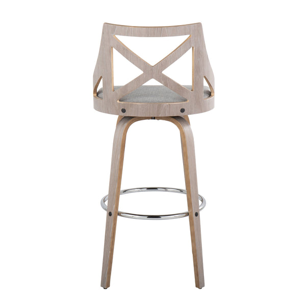 English Elm Charlotte 30" Farmhouse Barstool with Swivel, X-Back Upholstered Seat, Bent Wood Legs & Chrome Footrest Grey B202S00493