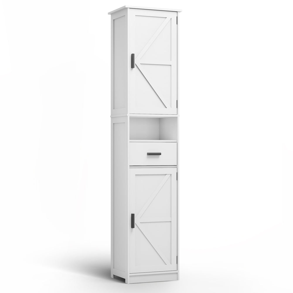 English Elm 69" Slim Tall Storage Cabinet with Barn Doors and Drawer for Small Spaces, Adjustable Shelves, Sturdy White W2386P207737