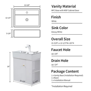 English Elm 21.6" Wall Mounted Bathroom Vanity Ceramic Sink Soft Close Cabinet Open Shelving White W1573S00091